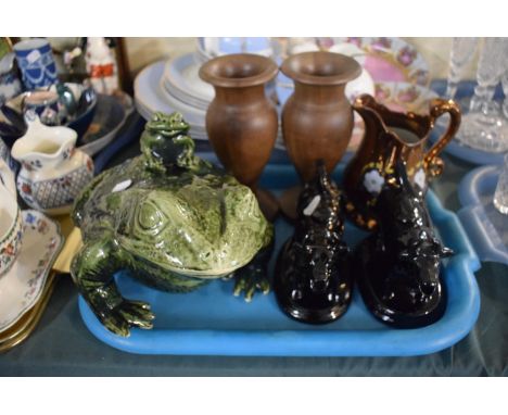 A Pair of Jackfield Cow Creamers, Large Ceramic Frog Ornament, Copper Lustre Jug (AF) and Two Turned Wooden Vases 