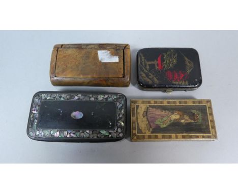 A Collection of Four Snuff Boxes and Vestas to Include a Mother of Peal Inlaid Snuff Box, Continental Inlaid Wooden Matchbox 