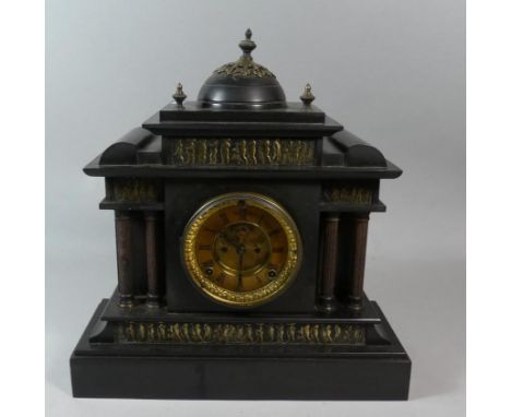 An American Black Slate Architectural Mantle Clock Having Brass Panels Depicting Classical Figures, by the Ansonia Clock Comp