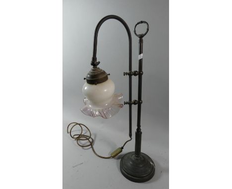 A Metal Rise and Fall Table Lamp with Reeded Support and Glass Shade, 60cm High 