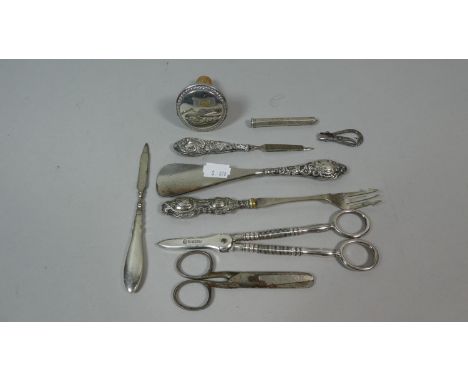 A Collection of Various Manicure Tools, Shoe Horns, Pickle Forks, Silver Mounted Cork, Scissors etc 