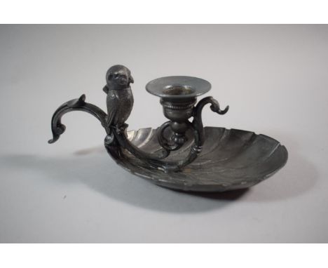 A French Pewter Novelty Bed Chamber Stick, the Tray in the Form of a Leaf, with Owl Final Having Hinged Head for Matches, 18c