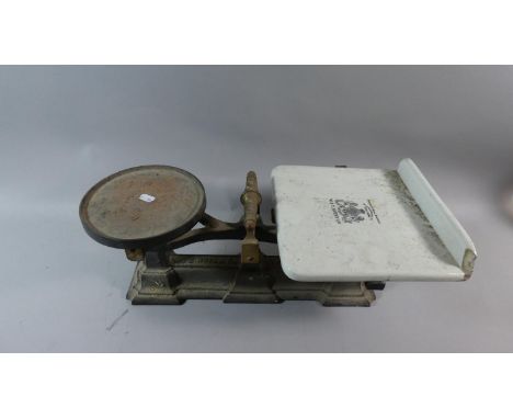 A Pair of Late Victorian Brass Mounted Avery Scales with Ceramic Plate (Corner AF) 56cm Wide 