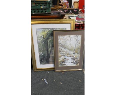 A Framed Water Colour of a Winter Woodland Stream and a Summer Garden Print 