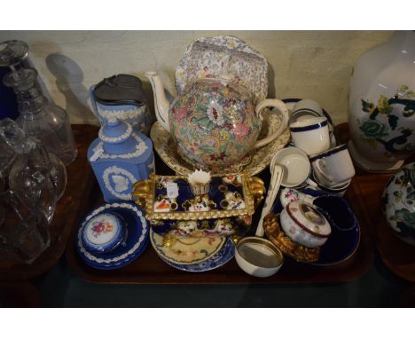 A Tray of Ceramics to Include Wedgwood Jasperware Tea Caddy French Popuri, Chintz Teapot, Continental Circular Box etc 
