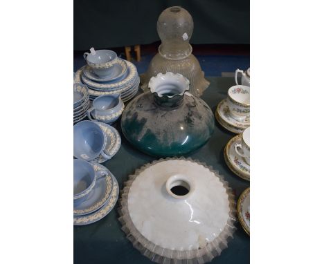 A Collection of Five Various Glass Vintage Light Shades and an Oil Lamp Chimney 