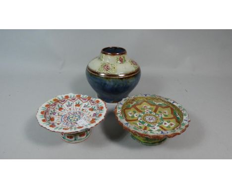 A Royal Doulton Floral Decorated Vase Together with Two Persian Stoneware Ceramic Dishes, Some Losses 