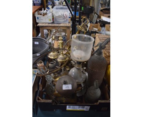 A Box of Metal Wares to Include Long Case Clock Movement, Brass Ceiling Lamps, Vintage Soda Siphon etc 