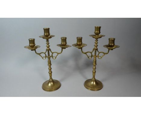 A Pair of Late 19th Century Brass Three Division Candelabra, Each 29cm High 