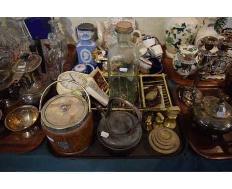 A Tray of Sundries to Include Vintage Brass Bath Tray, Glass Bottle with Brass Tap, Brass Weights, Copper Camping Kettle, Smi
