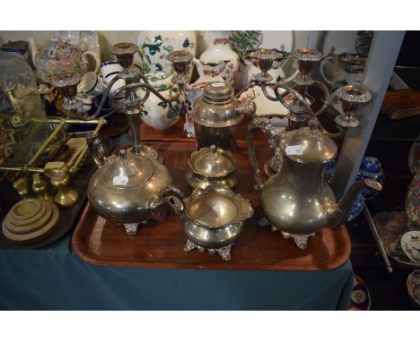 A Collection of Silver Plate to Include Pair of Three Branch Candelabra, Cocktail Shaker, Four Piece Teaservice 