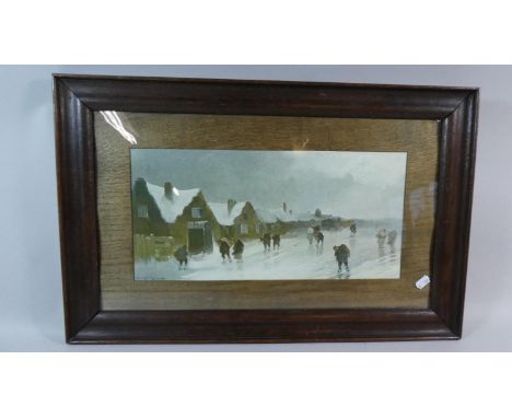 An Oak Framed Print Depicting Winter Street Scene, Frame 64cm Wide 