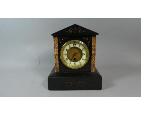 A French Slate and Marble Mantle Clock of Architectural Form, Complete with Pendulum and Key, 27cm High 
