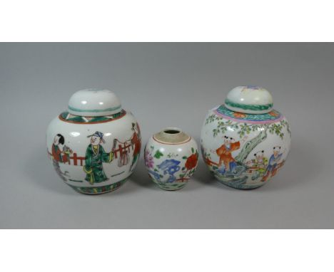 A Collection of Three Chinese Ginger Jars to Include One Decorated with Figures Playing in Garden in the Famille Rose Pallet,