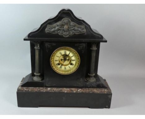 A Large French Black Slate Architectural Mantle Clock with Marble Mounts, Movements Missing Pendulum, 51cm High 