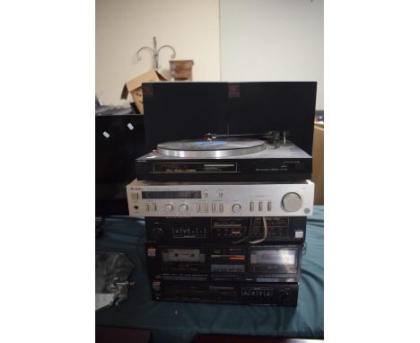 A Technics Stereo Amplifier SU-11, Fisher Semi Automatic Turn Table, Pair Wharfedale Speakers and Fisher Tape Deck, Tuner and