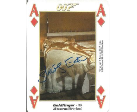 James Bond, Shirley Eaton signed 007 Goldfinger theme playing card with a photo of Eaton during her iconic appearance as Bond