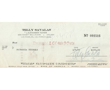 Telly Savalas signed Bank of America cheque dated 3/4/77 and a Her Majesty Secret Service colour promo photo. American actor 