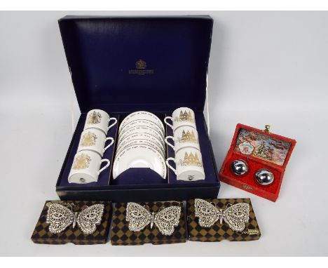 Lot to include a boxed set of Royal Worcester commemorative coffee cans and saucers, a set of Chinese Baoding balls contained