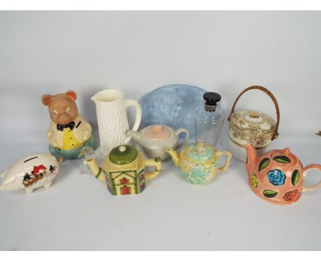 Mixed glassware and ceramics to include an Ellgreave Pottery Mr Pig money bank, Poole Pottery teapot, further teapots, Coalpo