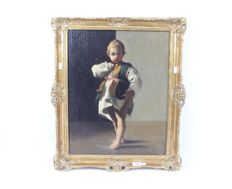 A gilt framed oil on panel depicting a young child, approximately 49 cm x 38 cm image size.