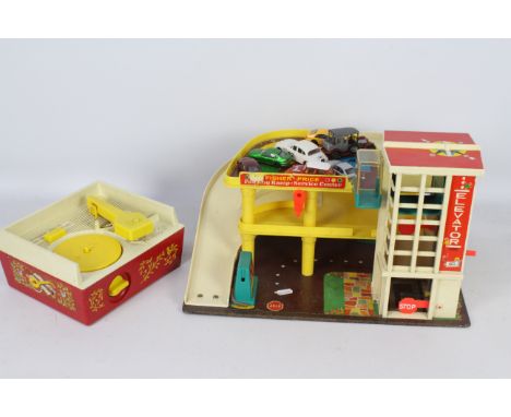 Corgi Matchbox, Fisher Price - A Fisher Price car park with seven cars and a Fisher Price 1971 Music Box Record Player #995 w