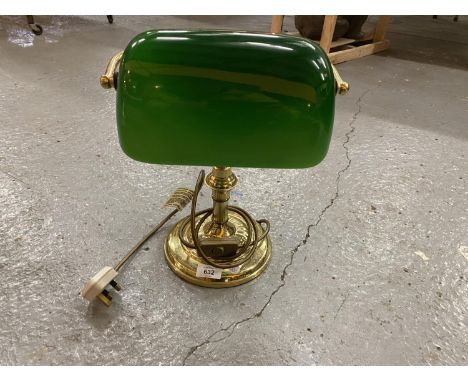 A BRASS BANKERS LAMP WITH ANGLED GREEN GLASS SHADE 