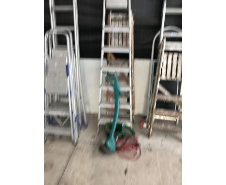 TWO SETS OF STEP LADDERS TO INCLUDE A BOSCH STRIMMER AND A HAND SEED SOWER 