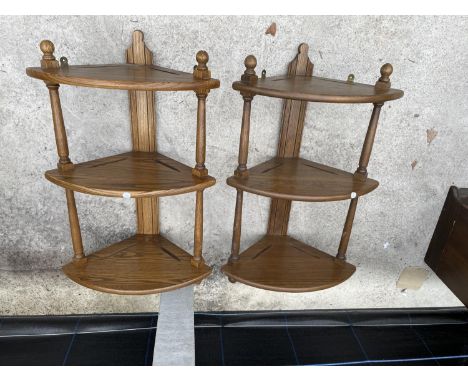 TWO ERCOL ELM THREE TIER WALL MOUNTED CORNER SHELVES 