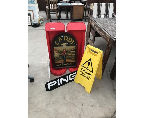 VARIOUS ITEMS TO INCLUDE A GOLF 'CADDY, LOYAL SMART &amp; ALERT' SIGN, TWO FIRE EXTINGUISHER STANDS, TWO CLEANING HEATH &amp;