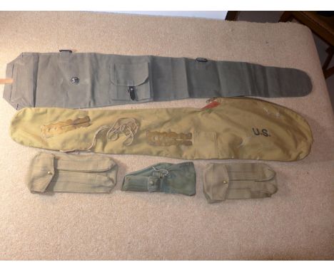 A US CANVAS RIFLE BAG, ANOTHER BAG, TWO AMMUNITION POUCHES, HOLSTER ETC 