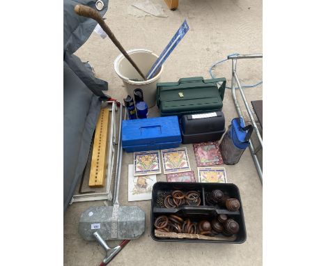 AN ASSORTMENT OF ITEMS TO INCLUDE DECORATIVE TILES, A WALKING STICK AND THREE TOOL BOXES ETC 