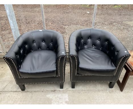 A PAIR OF FAUX LEATHER STUDDED CLUB STYLE CHAIRS WITH BUTTON BACKS 