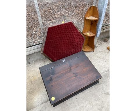 A HEXAGONAL MAHOGANY FOOTSTOOL, A SMALL PINE CORNER SHELF AND A VINTAGE TABLE TOP SCHOOL DESK 