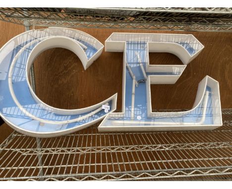 TWO NEON LIGHT UP LETTERS OF A 'C' AND AN 'E' APPROX. 57CM 