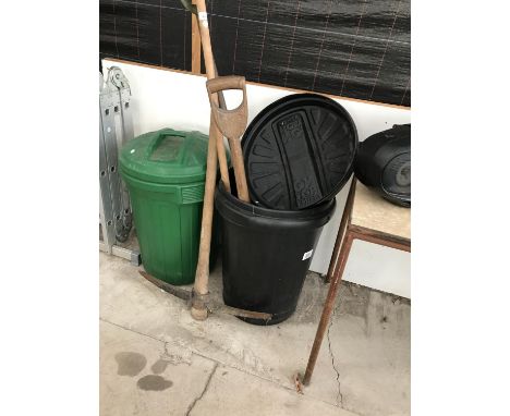 AN ASSORTMENT OF HAND TOOLS TO INCLUDE TWO DUST BINS ETC 