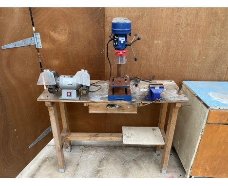 A WOODEN WORK BENCH TO INCLUDE A BENCH GRINDER, VICE AND PILLAR DRILL 