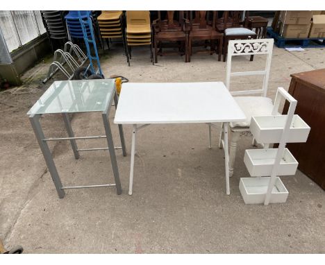 A GLASS TOP LAMP TABLE, A FOLDING TABLE, A VEGETABLE RACK AND A WHITE CHAIR 