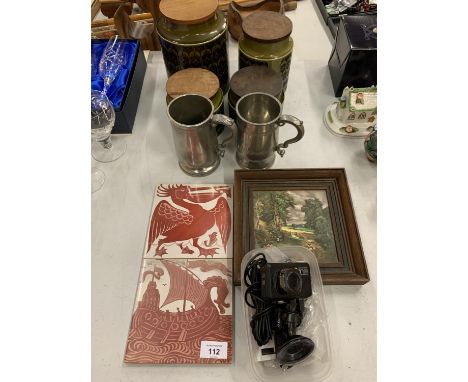 AN ASSORTMENT TO INCLUDE TWO WILLIAM DE MORGAN STYLE TILES AND FOUR HORNSEA STORAGE JARS 