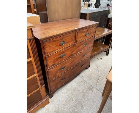 A 19TH CENTURY MAHOGANY CHEST OF TWO SHORT AND THREE LONG DRAWERS ON BRACKET FEET, 41.5" WIDE 
