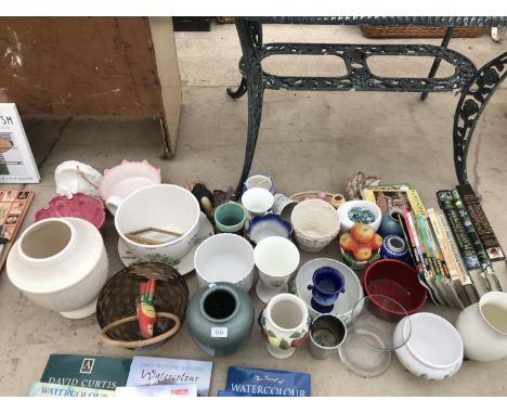 A LARGE ASSORTMENT OF CERAMIC WARE AND BOOKS TO INCLUDE A NUMBER OF VASES ETC 