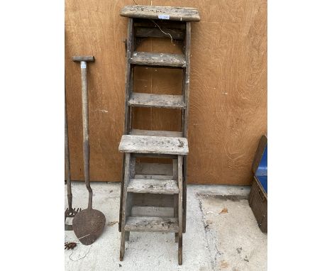 ONE FIVE RUNG WOODEN STEP LADDER AND A FURTHER TWO RUNG STEP LADDER 