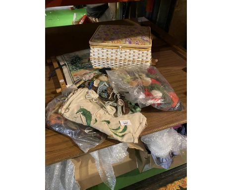 A VINTAGE SEWING BOX AND ITEMS RELATING TO TAPESTRY MAKING 