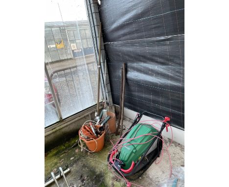 A QUALCAST ELECTRIC LAWNMOWER AND VARIOUS GARDEN TOOLS 