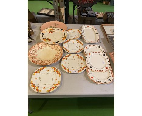 VARIOUS DECORATIVE PLATES TO INCLUDE DEVON WARE (PLAYING CARD THEMED), MYOTT SON &amp; CO. ETC. 