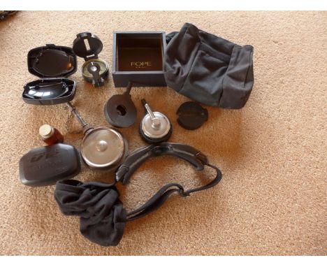 A PAIR OF ESS GOGGLES WITH INTERCHANGEABLE LENSES, OIL CAN, ENGINEER COMPASS ETC 