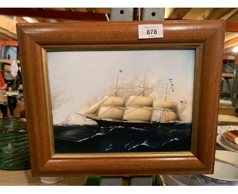 A FRAMED WEDGWOOD CERAMIC PLAQUE OF A SHIP 