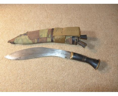 AN ARMY SERVICE KUKRI KIFE, 27CM BLADE STAMPED ORDEP (ORDINANCE DEPARTMENT) NEPAL 8/80, WITH SCABBARD AND CAMOFLAGE COVER 