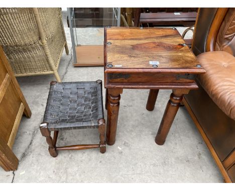 AN INDONESIAN WOOD LAMP TABLE AND A WOVEN SEATED STOOL 