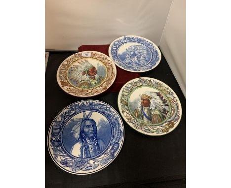 FOUR EARTHENWARE SPODE/COPELAND PLATES IMPRESSED DATE 1900 PRINTED MARK 'FRANK'S BOAT' DEPICTING NATIVE AMERICANS, TWO PRINTE